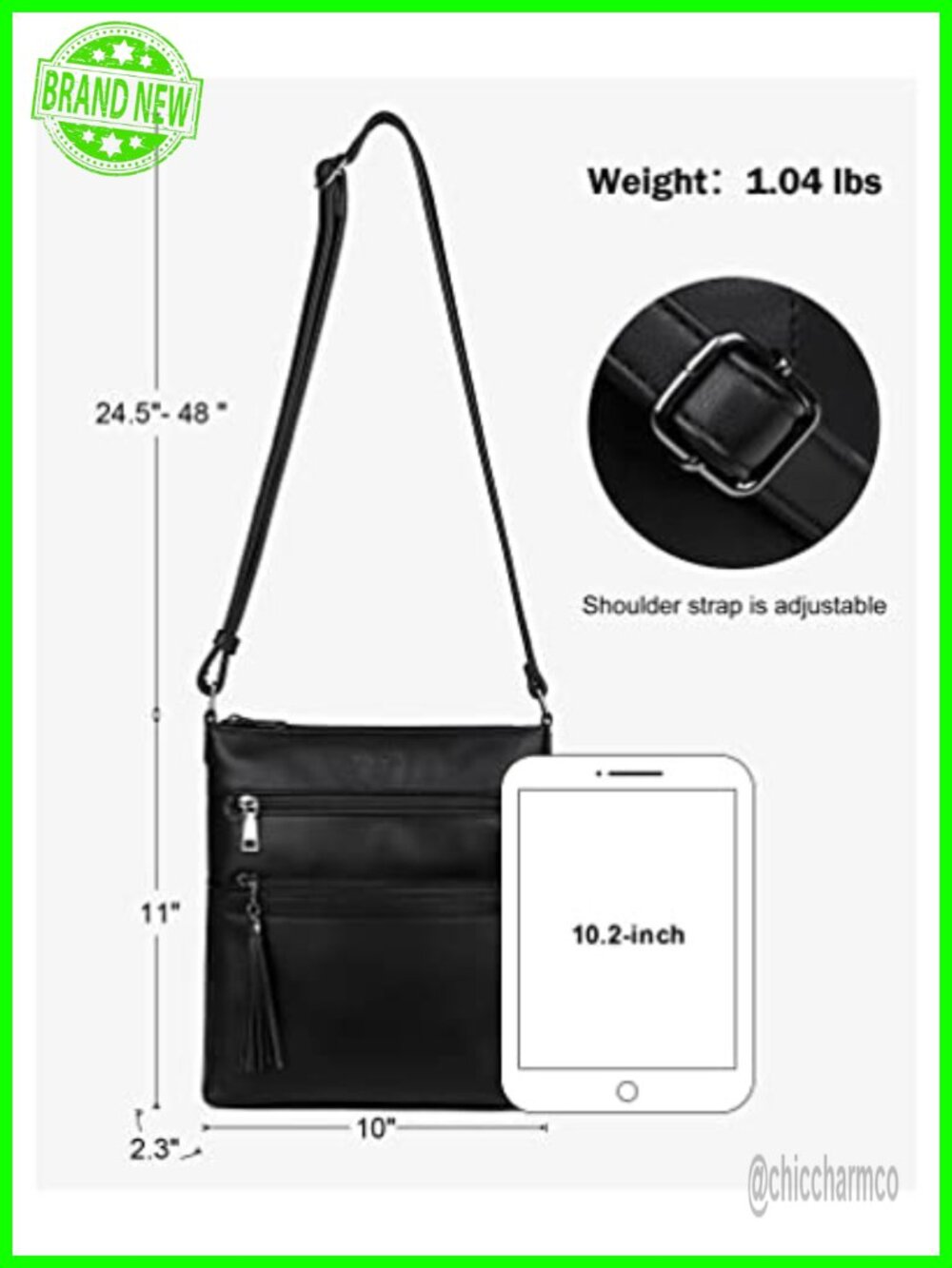 Vegan PU Leather Crossbody Bag Multi Pocket Adjustable Strap - Picture 4 of 6
